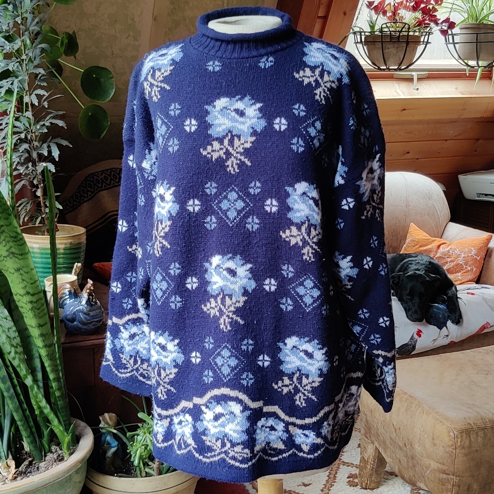 Vtg 80s Bugle Boy For Her Sweater Womens L-XL USA Blues Fair Isle Nordic Floral